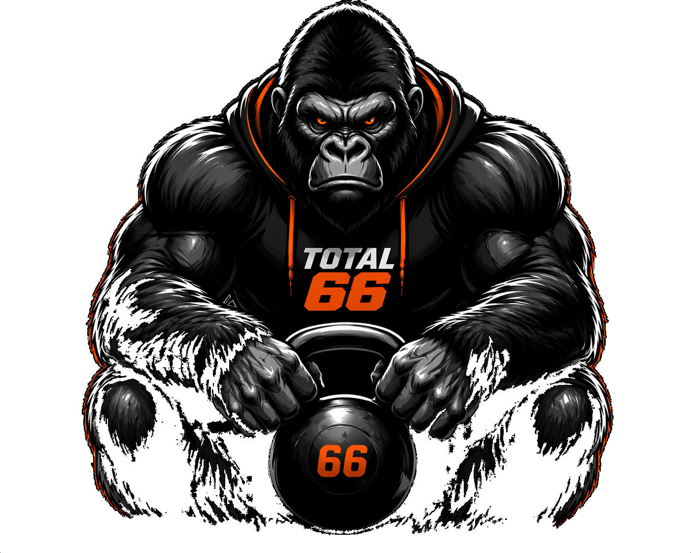 Total 66 mascot — gorilla holding a 66 kettlebell, wearing a Total 66 hoodie